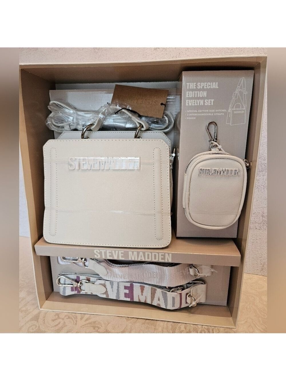 Steve Madden Special Edition Evelyn Gift Set Vanilla Bag 3 Straps Pouch NIB NEW
